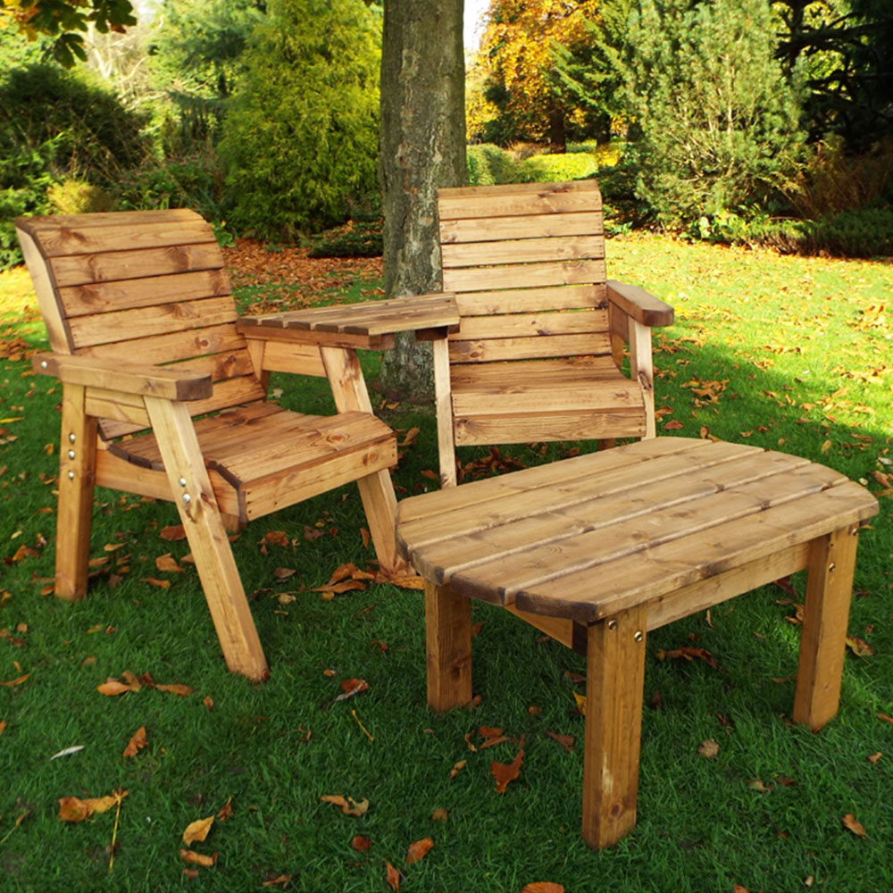 Samuel Alexander 2 Seater Chunky Rustic Wooden Garden Loveseat with Tray and Table