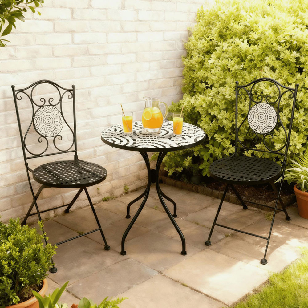 Home Source Carlton 2 Seater Black and White Tiled Top Metal Garden Bistro Set