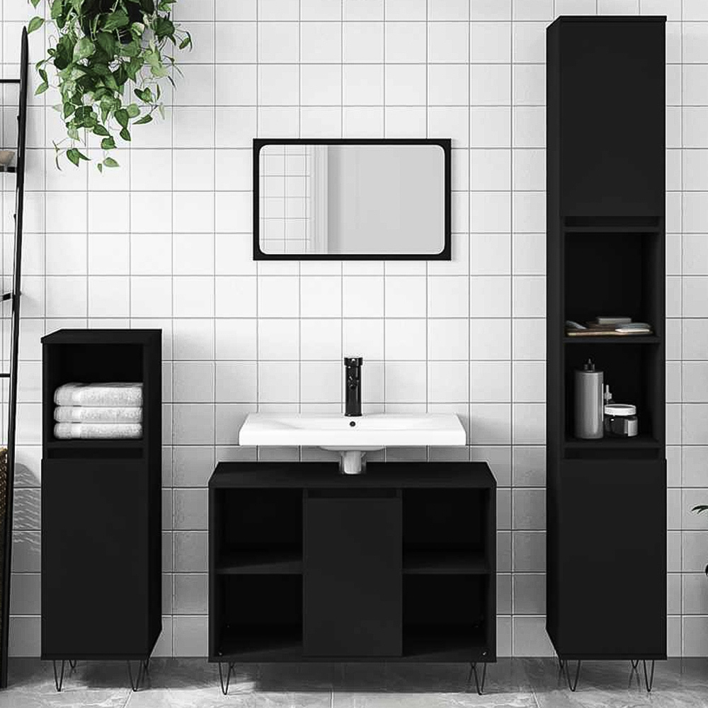 vidaXL Single Door 4 Shelf Black Freestanding Under Sink Bathroom Cabinet