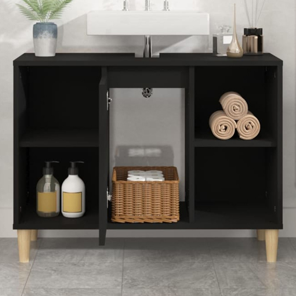 vidaXL Single Door 4 Open Shelf Black Bathroom Sink Cabinet