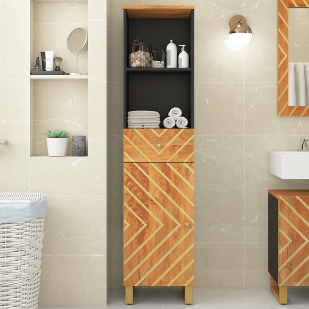 vidaXL Single Door Single Drawer Brown and Black Solid Mango Wood Bathroom Cabinet
