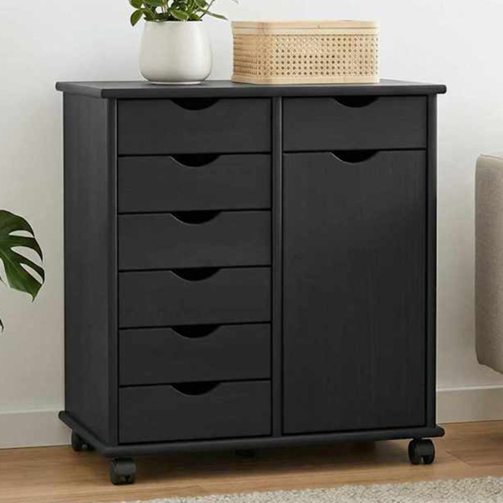vidaXL Single Door 7 Drawer Black Rolling Storage Cabinet