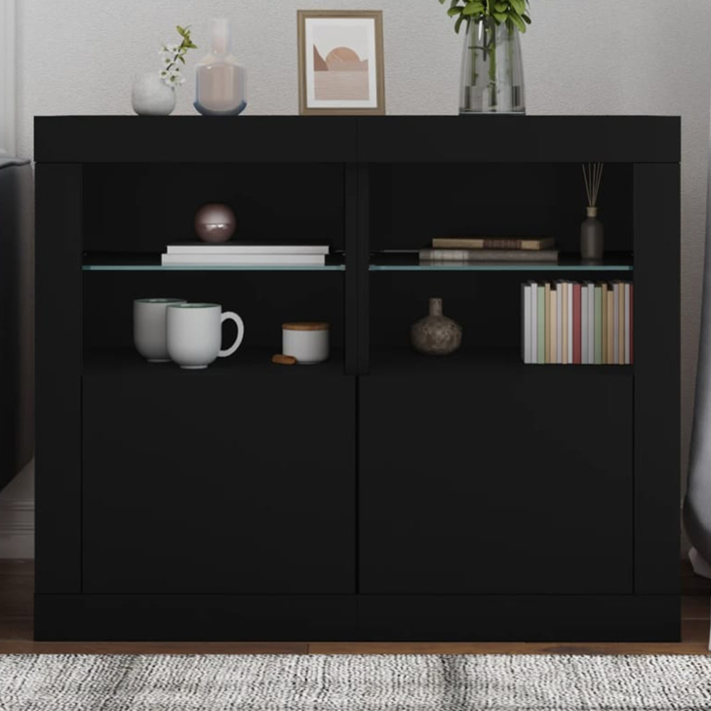 vidaXL Single Door 2 Shelf Black Side Cabinet with LED Lights Set of 2