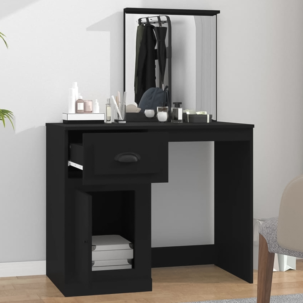 vidaXL Single Door Single Drawer Black Wooden Dressing Table with Mirror
