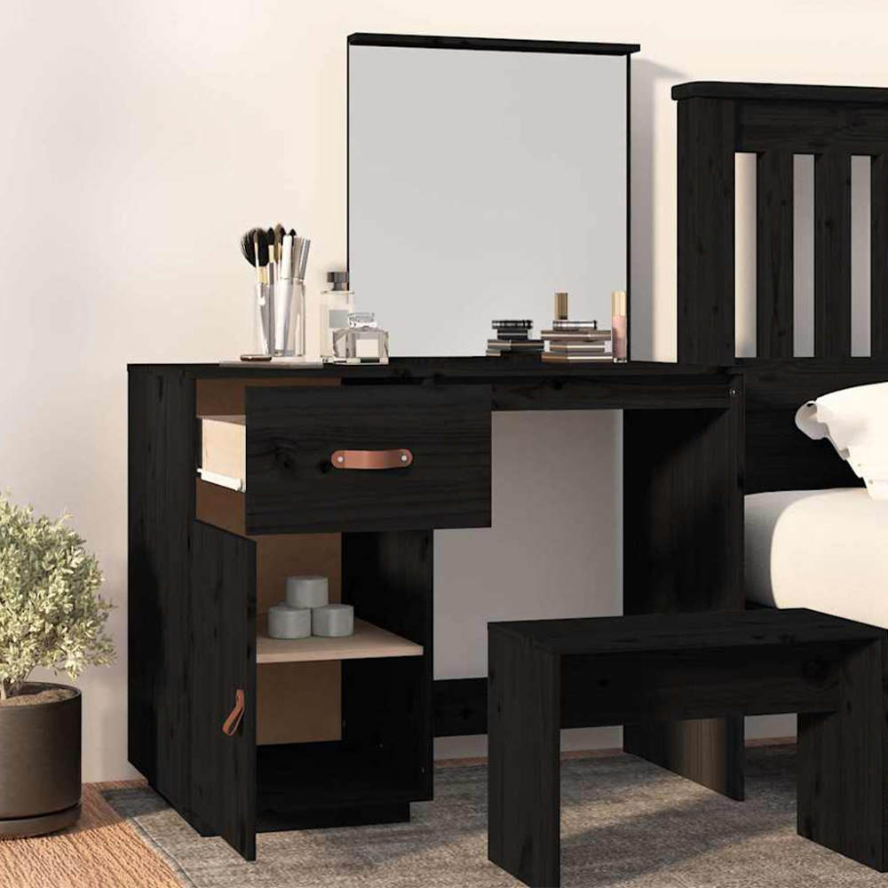 vidaXL Single Door Single Drawer Black Solid Wood Pine Dressing Table with Mirror