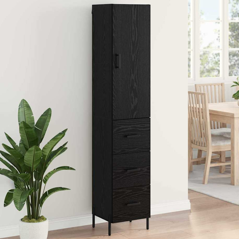 vidaXL Single Door 3 Drawer 3 Shelf Black Oak Highboard with Metal Legs