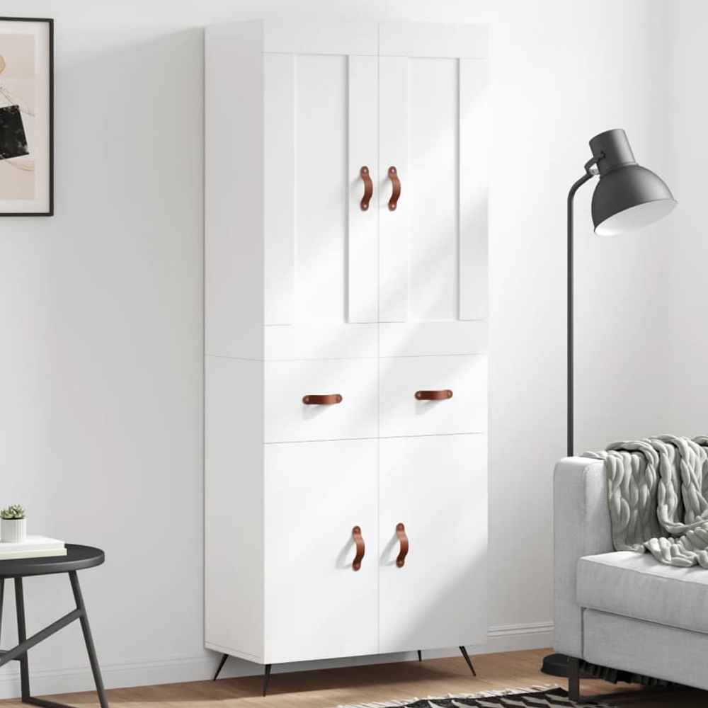 vidaXL 4 Door 2 Drawer White Highboard with Faux Leather Handle