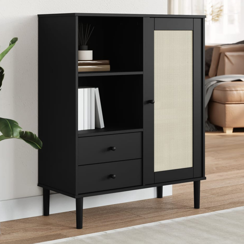 vidaXL Single Door 2 Drawer 2 Shelf Black Rattan Solid Pine Wood Highboard
