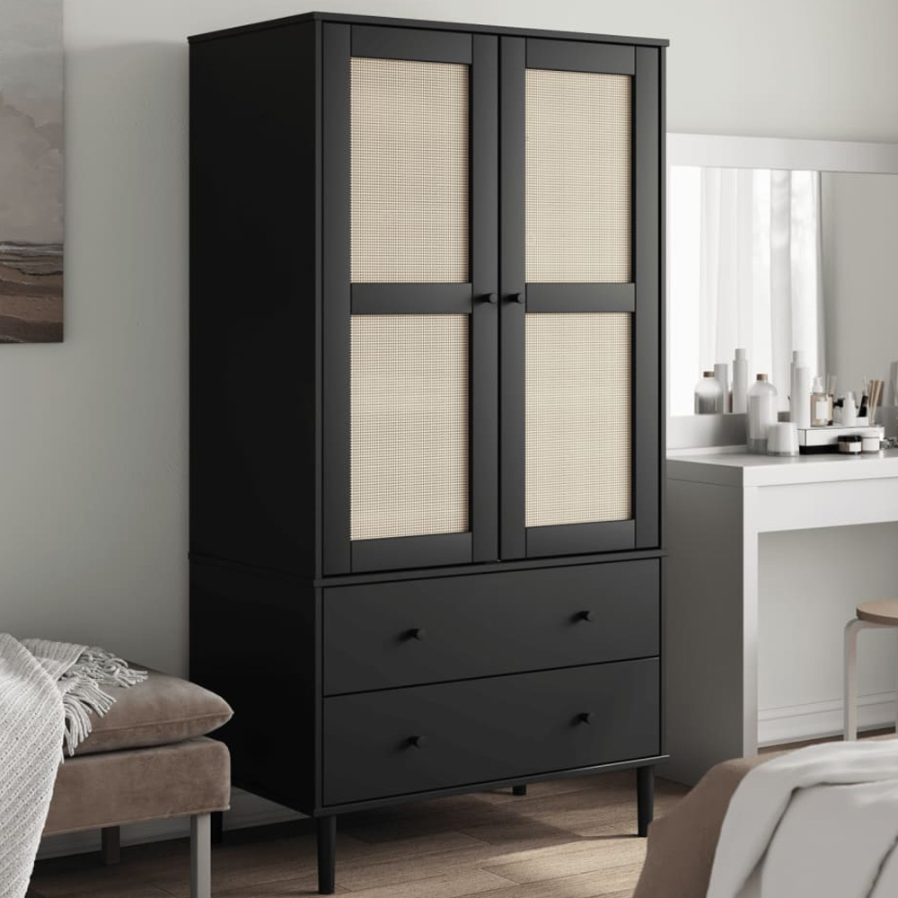 vidaXL Senja Single Door 2 Drawer 6 Shelf Black Solid Pine Wood Rattan Look Highboard