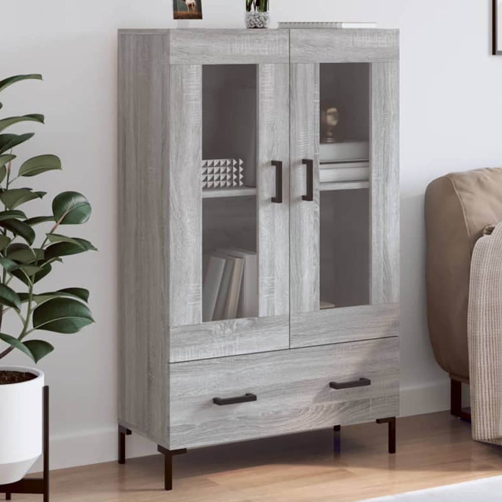 vidaXL 2 Glass Door Single Drawer Grey Sonoma Highboard with Black Handle
