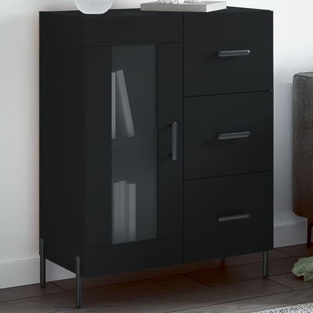 vidaXL Single Glass Door 3 Drawer 2 Shelf Black Wooden Sideboard