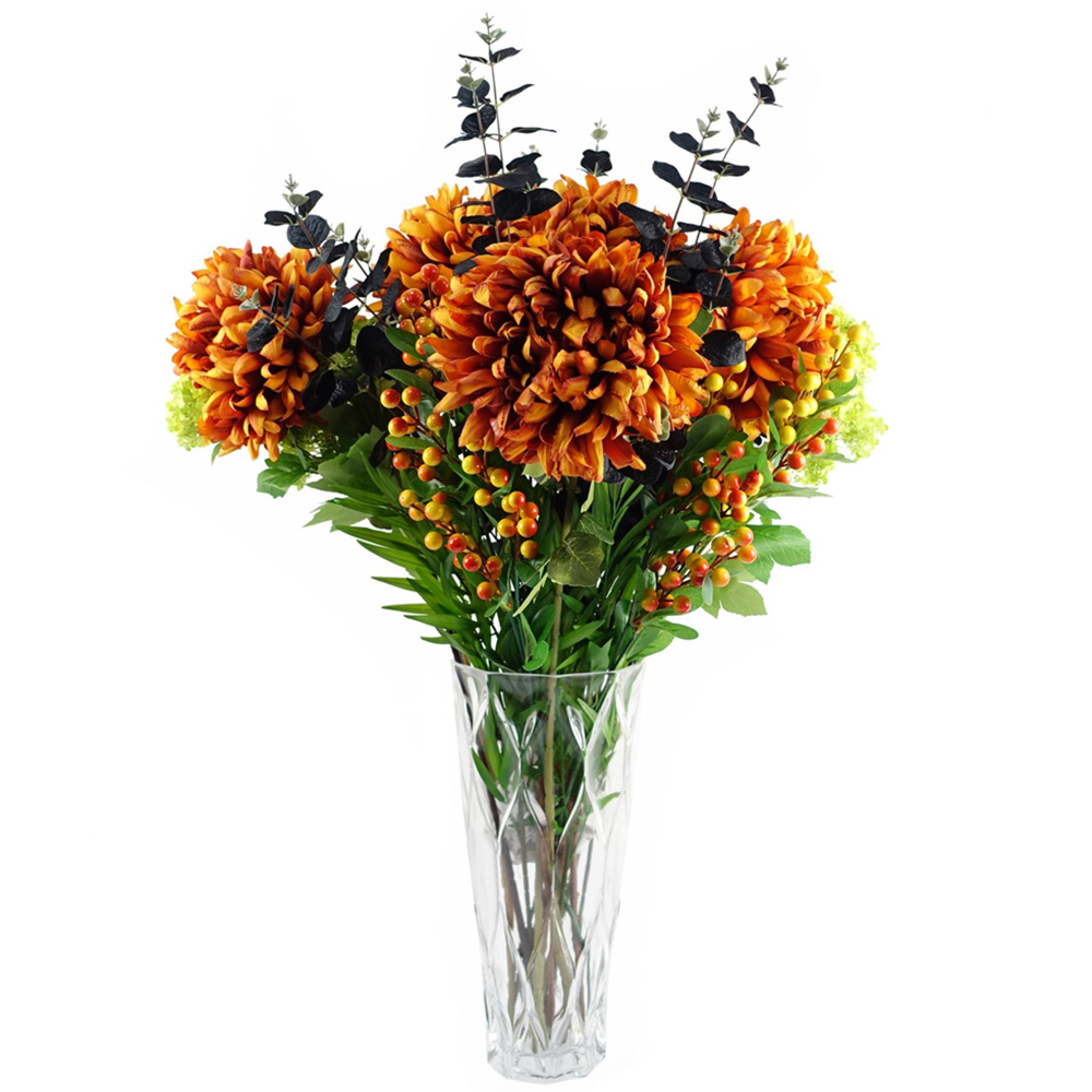 Leaf Orange Chrysanthemum and Foliage Artificial Flower Bundle with Vase 80cm 16 Pack