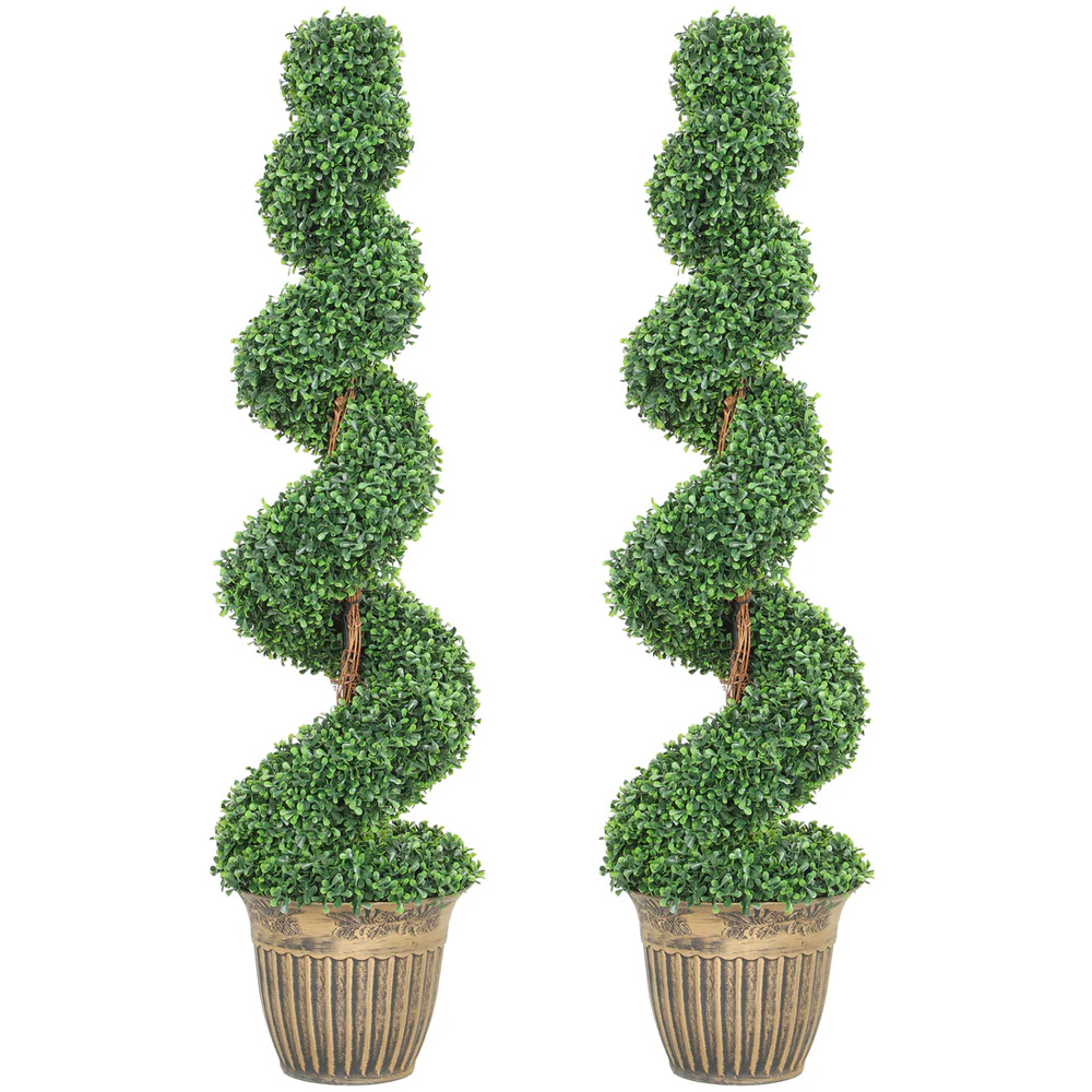 HOMCOM Potted Artificial Topiary Spiral Boxwood Trees Set of 2