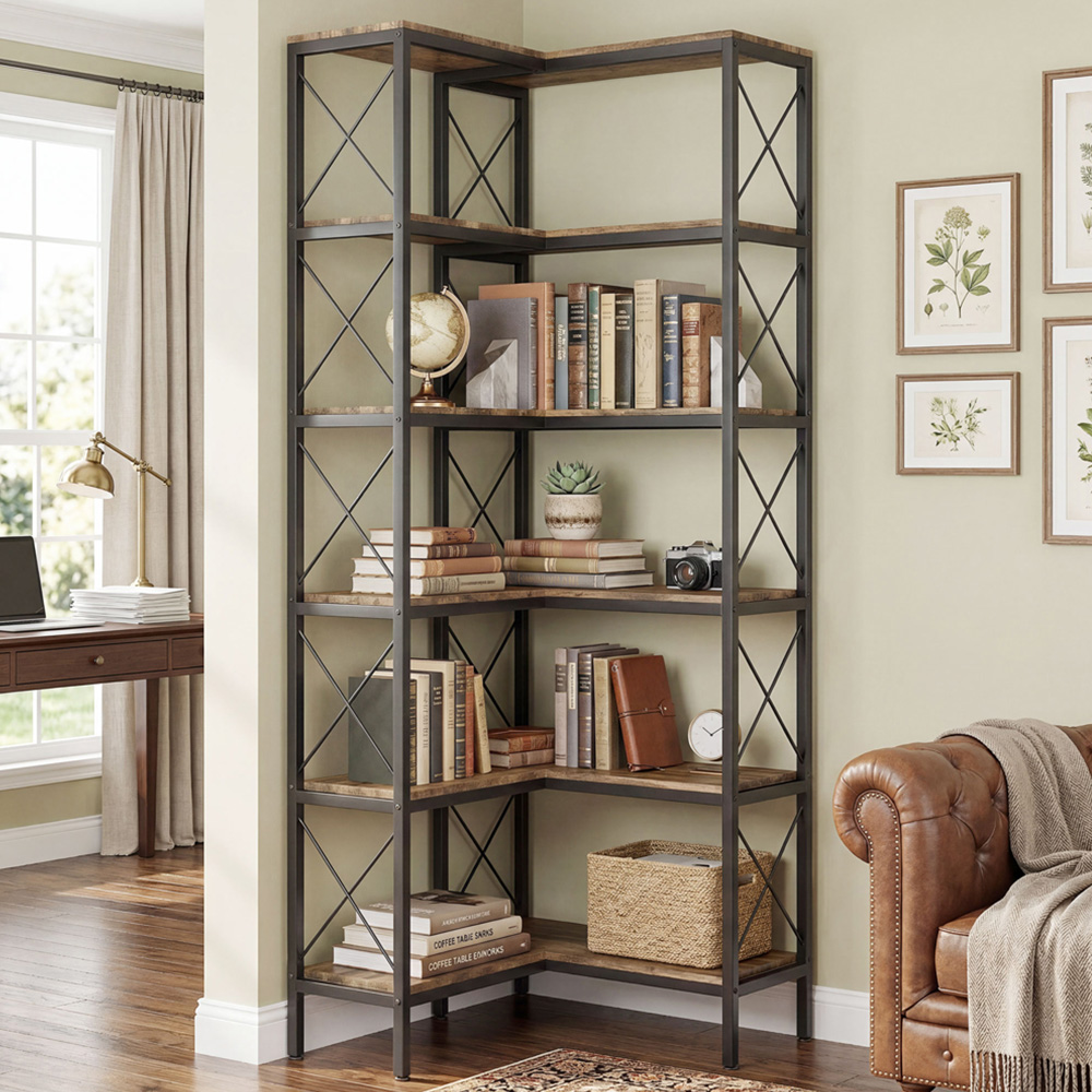 HOMCOM 5-Tier Rustic Brown L-Shaped Bookshelf