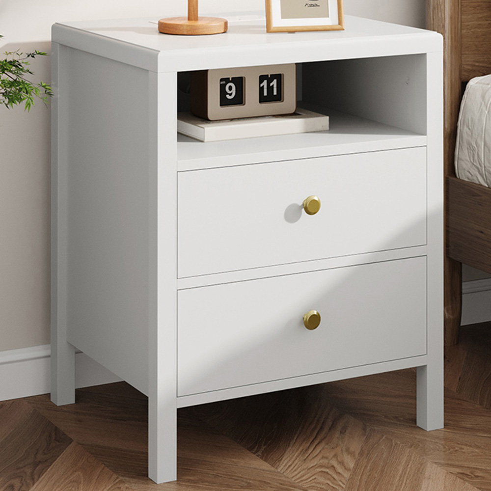 Living and Home 2 Drawer Single Shelf White Modern Bedside Table with Power Strip Set of 2