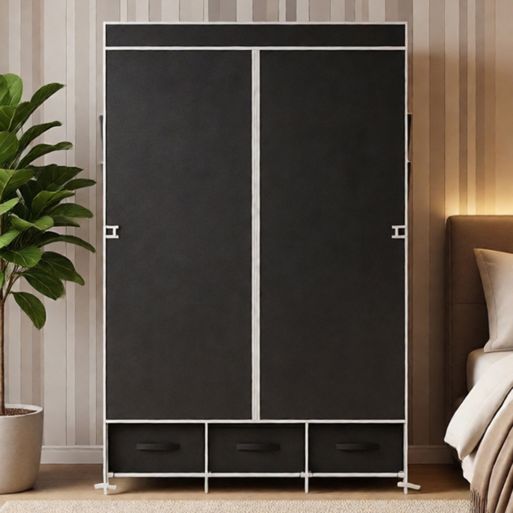 Living and Home 3 Drawer Black Portable Non Woven Fabric Wardrobe