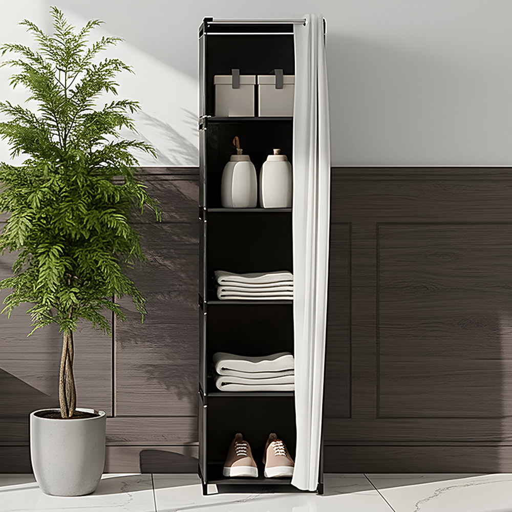 Living and Home 5-Tier Black Freestanding Portable Wardrobe with Curtain
