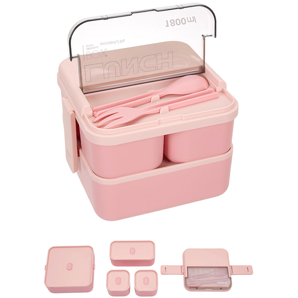 Living and Home 1.8L 2-Tier Pink Lunch Box with Cutlery and 3 Top Compartments