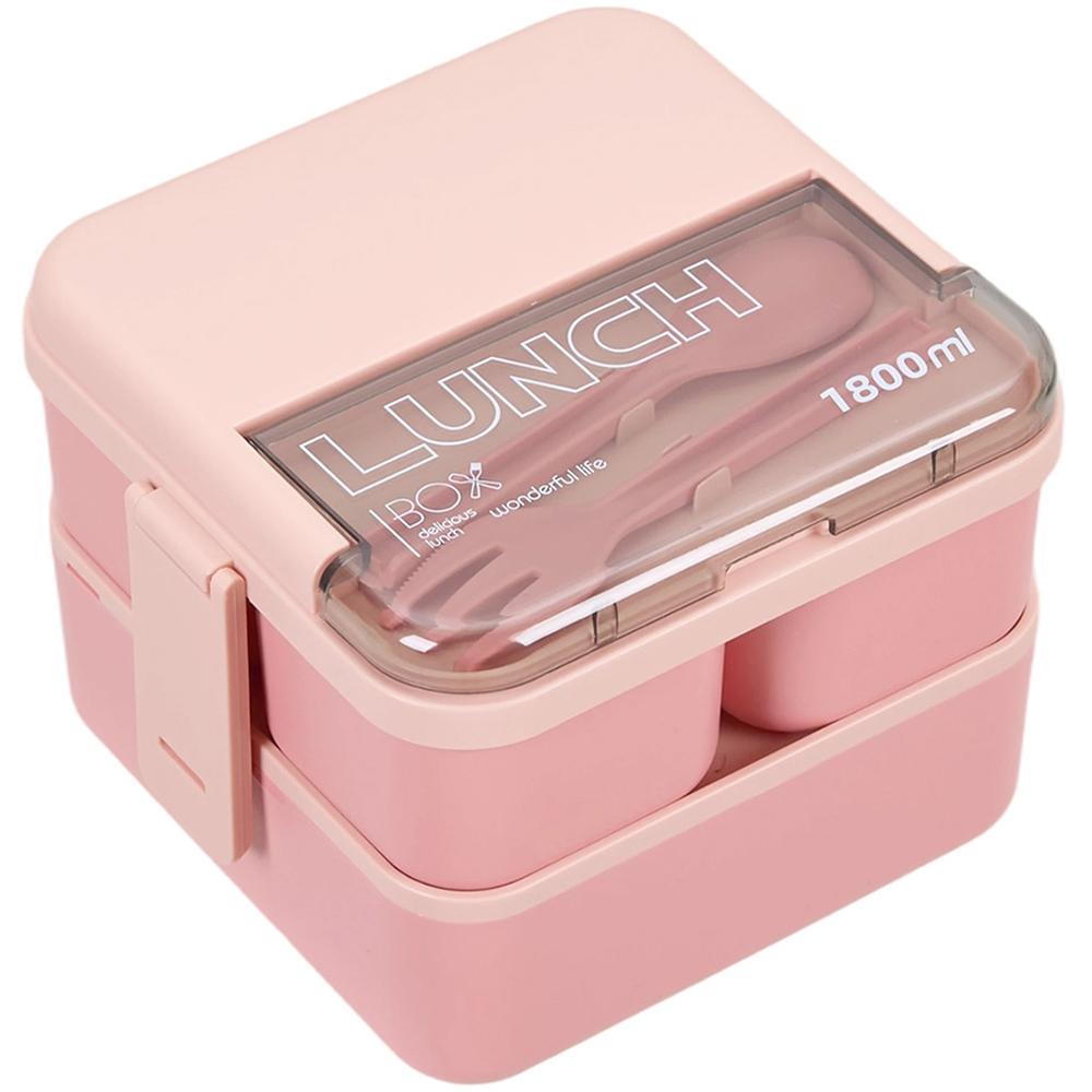 Living and Home 1.8L 2-Tier Pink Lunch Box with Cutlery and 2 Top Compartments