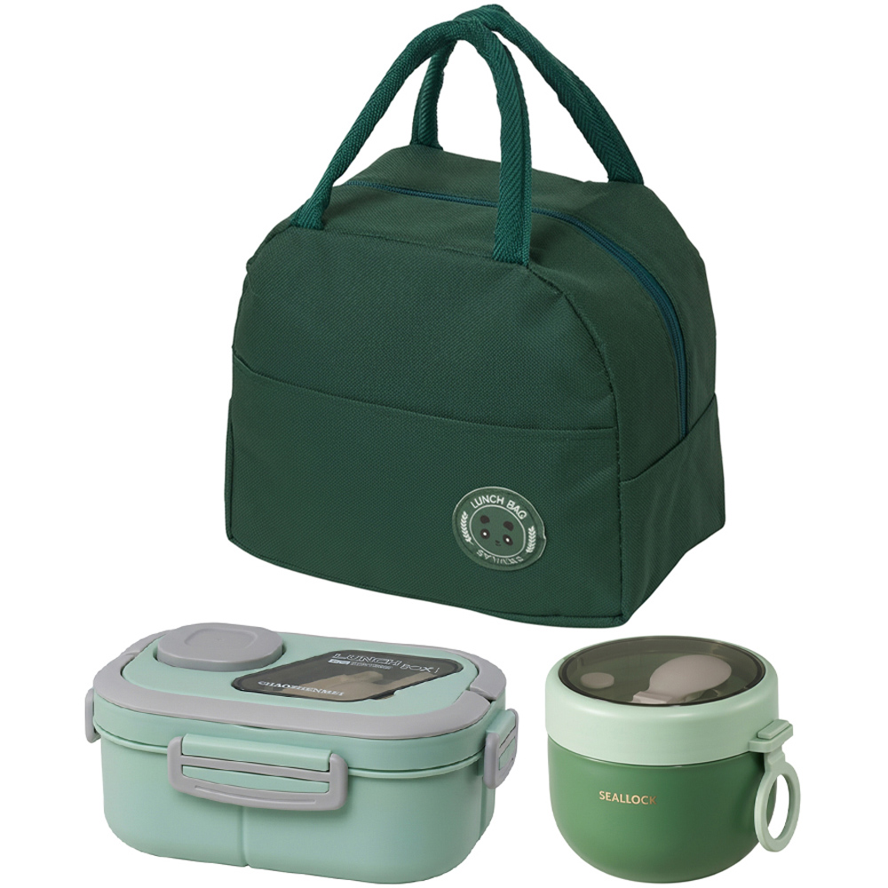 Living and Home Green Portable Lunch Box Set with Cutlery and Insulated Bag