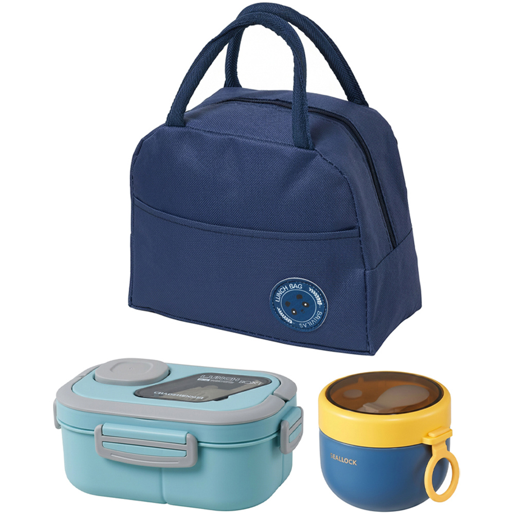 Living and Home Blue Portable Lunch Box Set with Cutlery and Insulated Bag