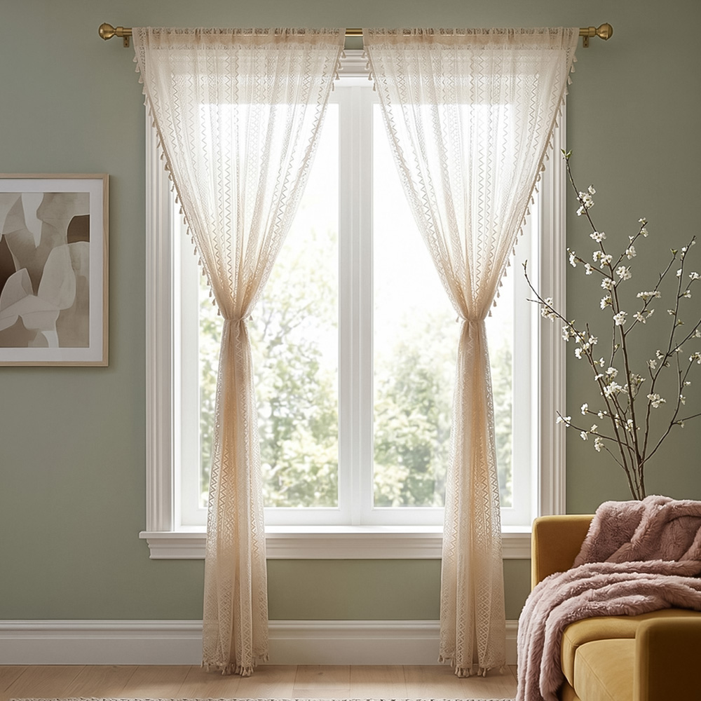 Living and Home 2-Piece Beige Lace Curtain Set 147 x 160cm