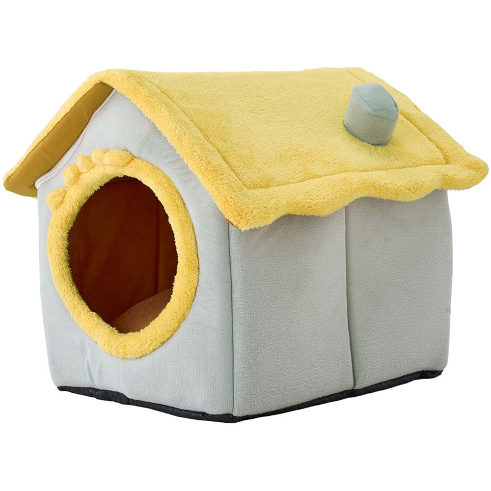 H&O Direct 38 x 35 x 40cm Light Green and Yellow Plush Pet House with Cushion