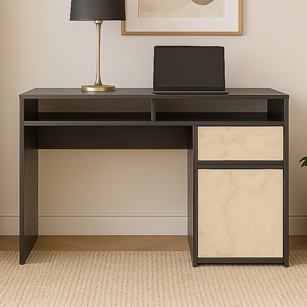 Decorotika Isla Single Door Single Drawer 2 Shelf Corner Computer Desk Black Travertine