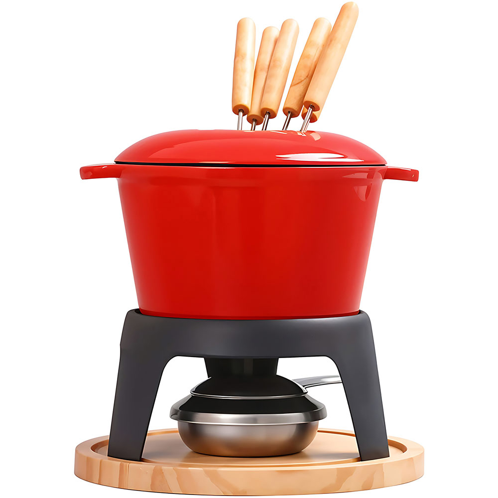 Living and Home Red Enamel Cast Iron Fondue Pot Set 2L