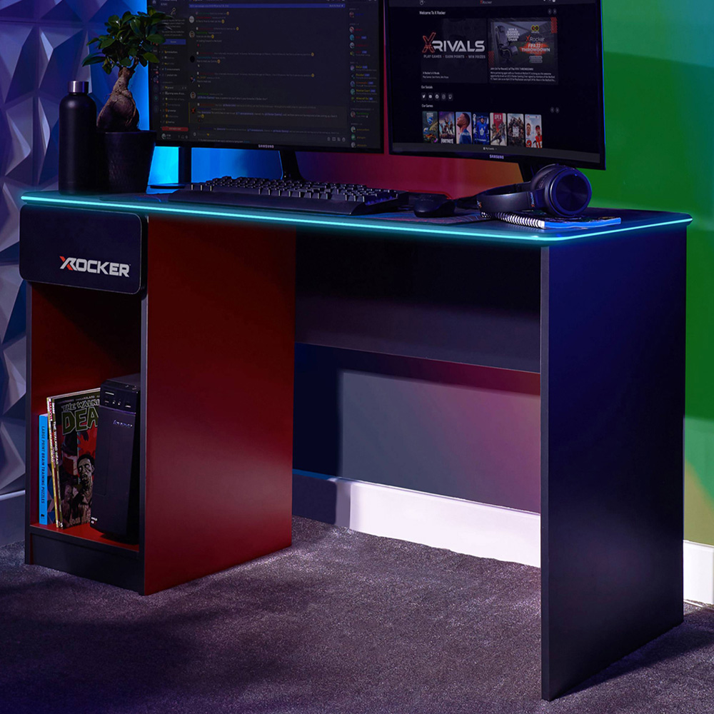 X Rocker Carbon-Tek Single Drawer Single Shelf Gaming Desk with Neo Fibre LED Lights Grey and Red