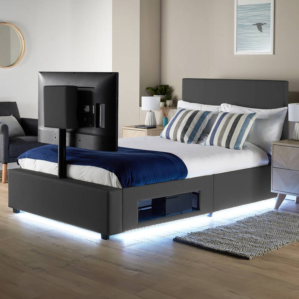 XR Living Ava Small Double Grey PU Upholstered TV Bed with Underbed Lights