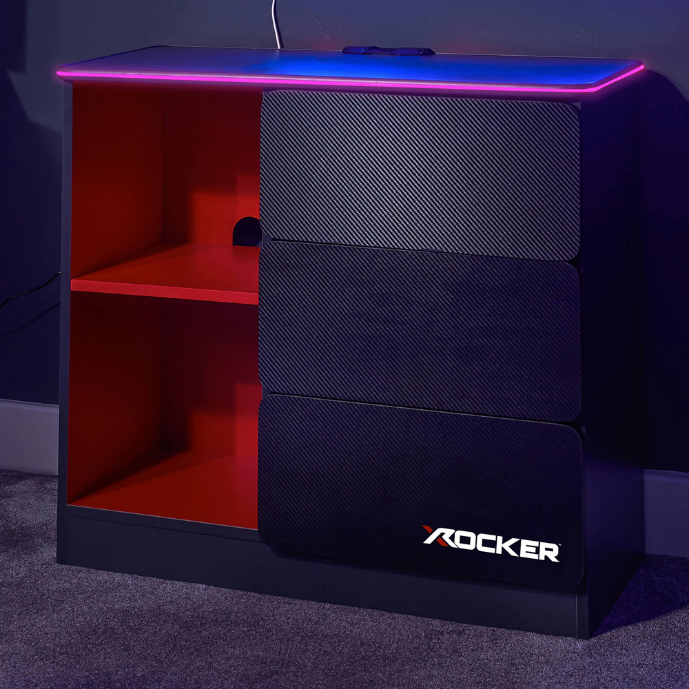 X Rocker Carbon-Tek 3 Drawer 2 Shelf Grey and Red Chest of Drawers with Neo Fibre LED Light