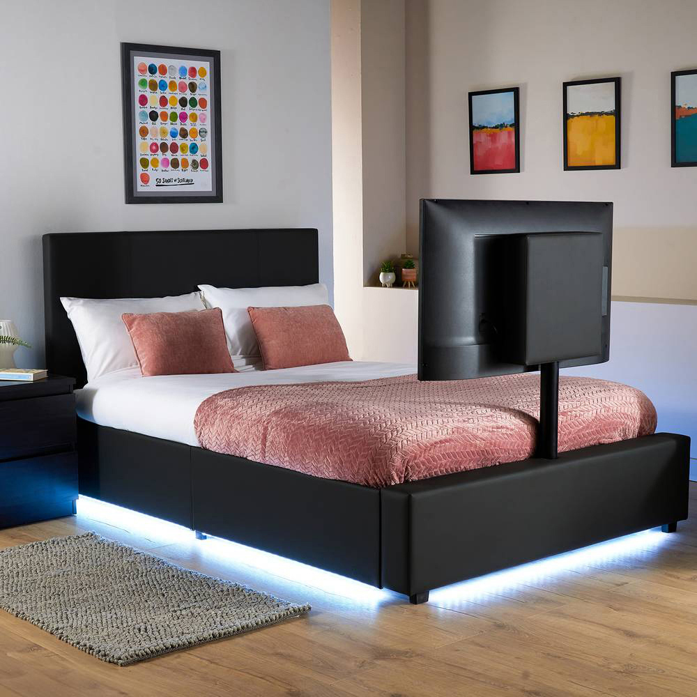 XR Living Ava Double Black PU Upholstered TV Bed with Underbed Lights