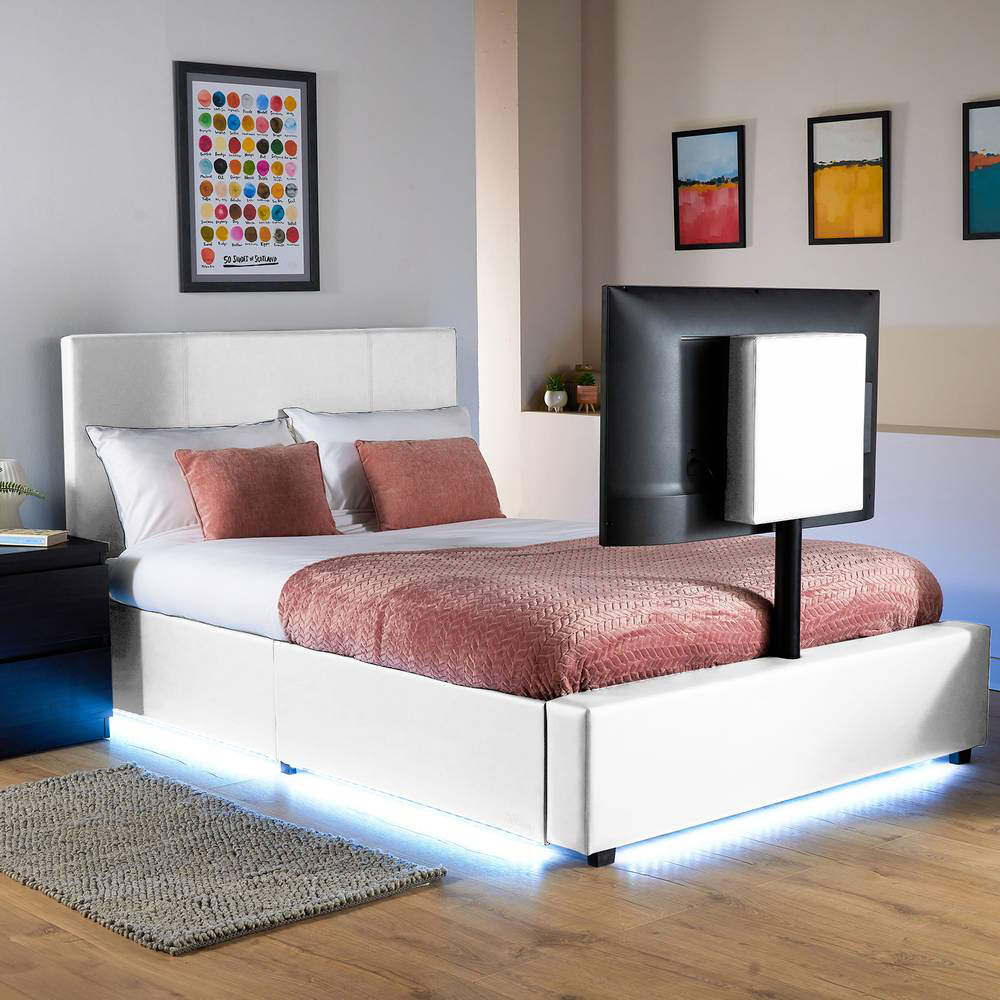 XR Living Ava Double White PU Upholstered TV Bed with Underbed Lights