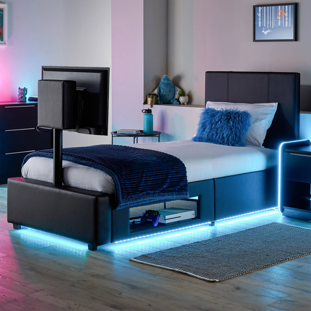 XR Living Ava Single Black PU Upholstered TV Bed with Underbed Lights