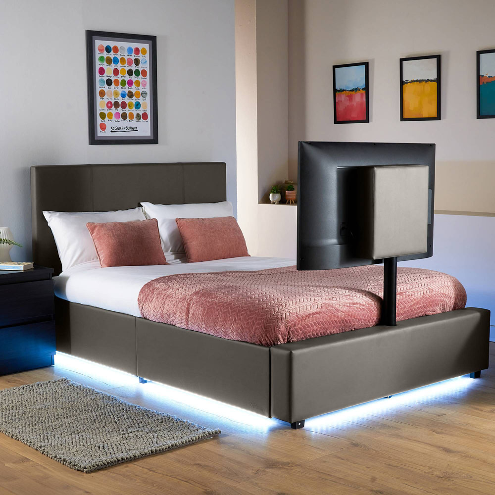 XR Living Ava Double Grey PU Upholstered TV Bed with Underbed Lights