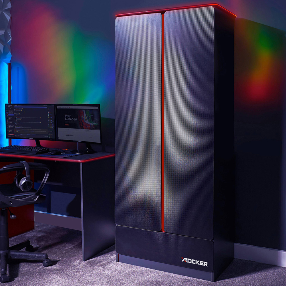 X Rocker Carbon-Tek 2 Door Grey and Red Wardrobe with Neo Fibre LED Lights
