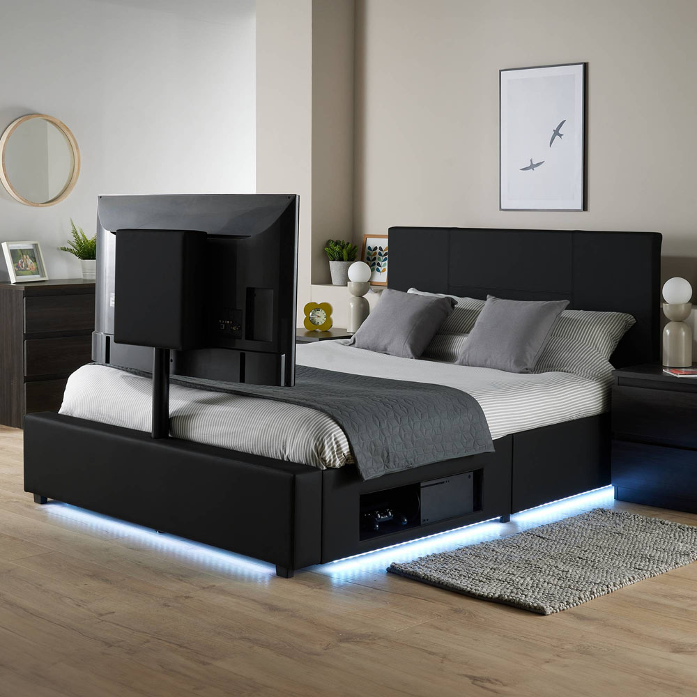 XR Living Ava King Size Black PU Upholstered TV Bed with Underbed Lights