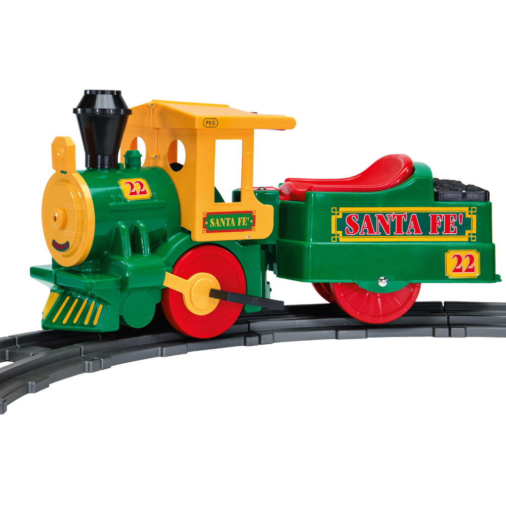 PEG Santa Fe Kids Electric Ride-On Train with Track and Sound Effects Green 6V