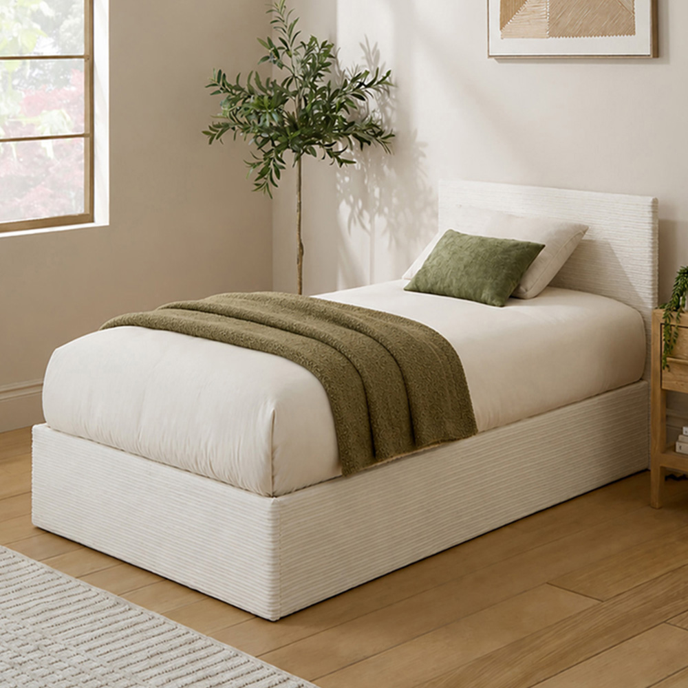GFW Single Cream Corduroy End Lift Ottoman Bed with Memory Pocket Spring Mattress