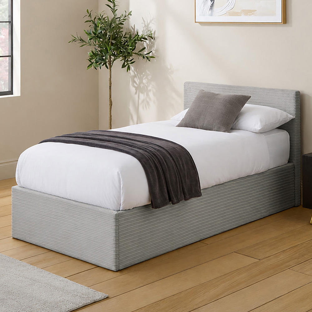 GFW Single Grey Corduroy End Lift Ottoman Bed with Memory Pocket Spring Mattress
