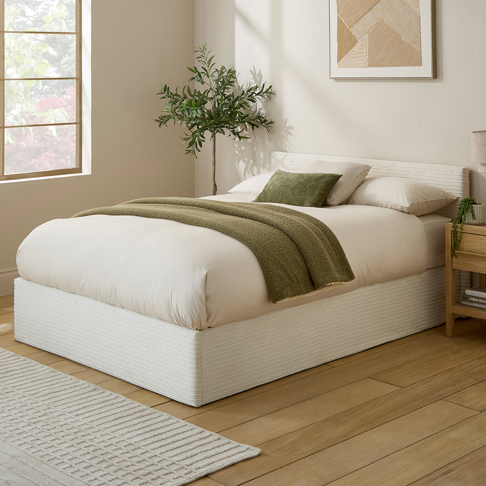 GFW Double Cream Corduroy End Lift Ottoman Bed with Memory Pocket Spring Mattress