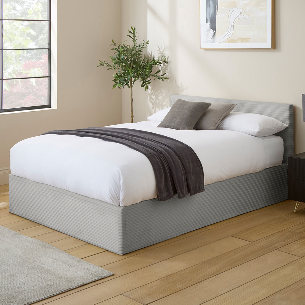 GFW Double Grey Corduroy End Lift Ottoman Bed with Memory Pocket Spring Mattress