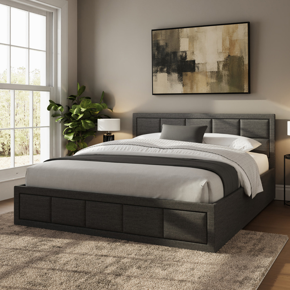 GFW Jamie King Size Grey Hopsack Fabric End-Lift Ottoman Bed with Headboard