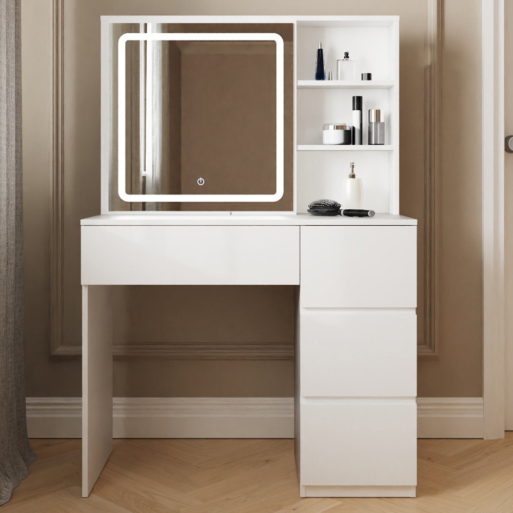 Maeve 4 Drawer 3 Shelf Dressing Table With Sliding Led Mirror White Gfw
