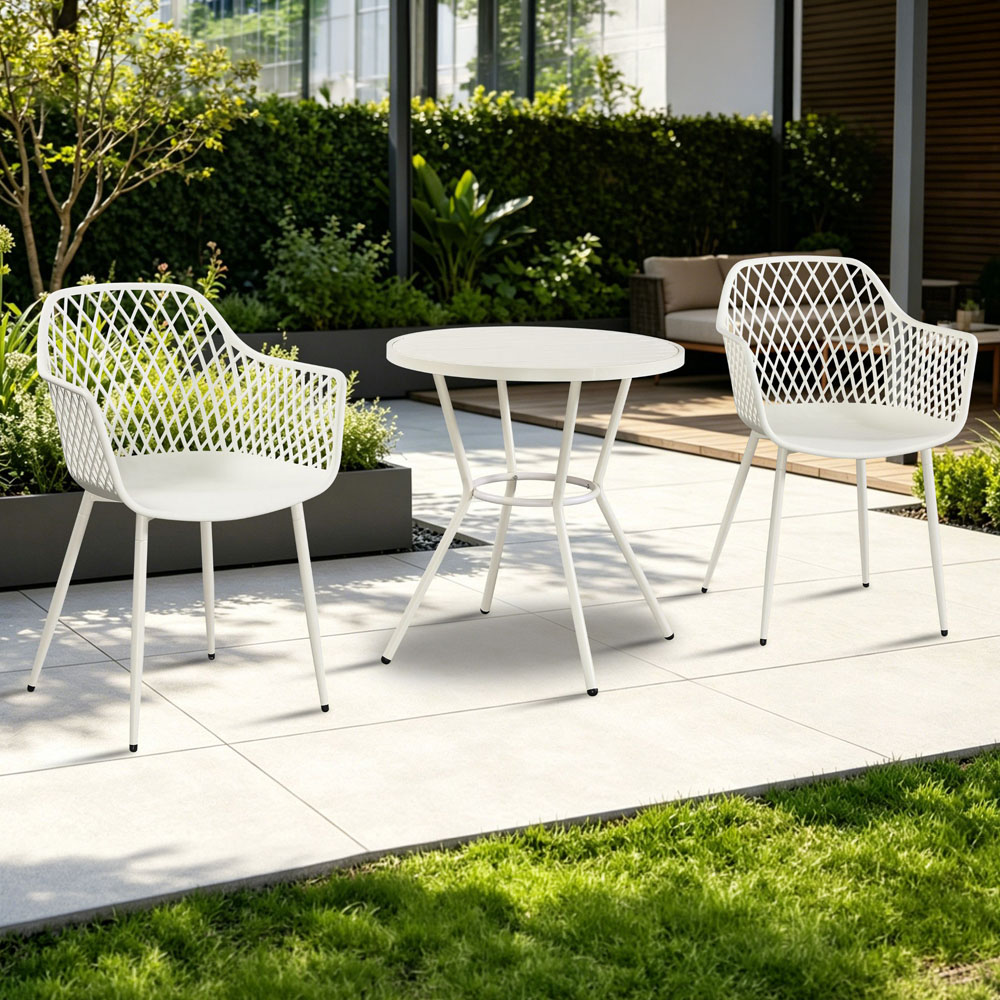 Core Products 2 Seater White Lattice Design Round Plastic Table Garden Bistro Set
