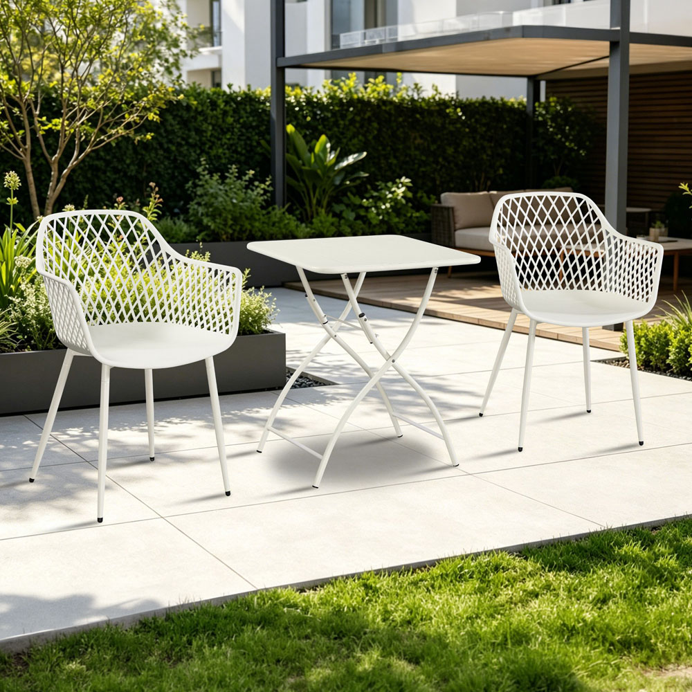 Core Products 2 Seater White Lattice Design Square Metal Foldable Table Garden Bistro Set