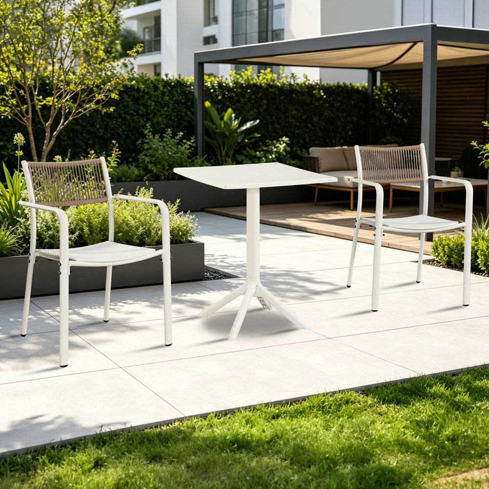 Core Products 2 Seater White Rope Back Effect Square Plastic Table Garden Bistro Set