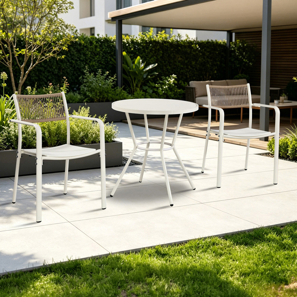 Core Products 2 Seater White Rope Back Effect Round Plastic Table Garden Bistro Set