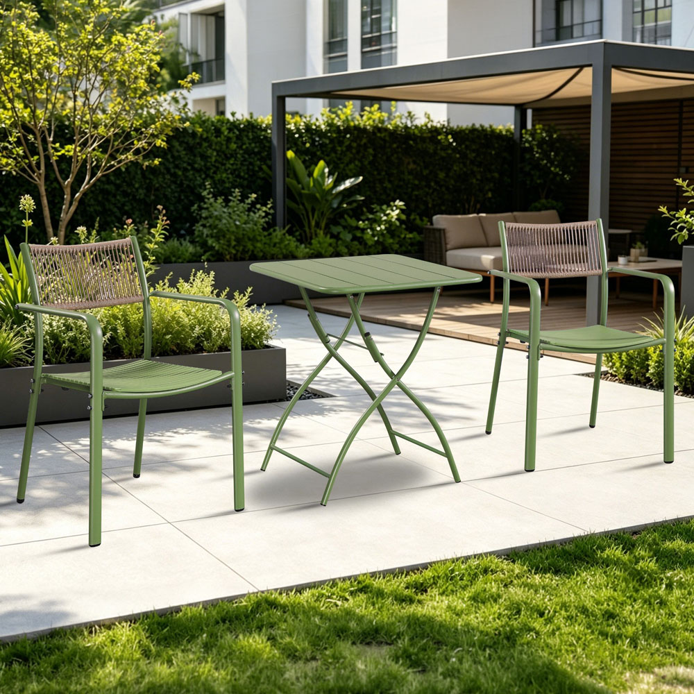 Core Products 2 Seater Moss Green Rope Back Effect Square Metal Foldable Table Garden Bistro Set
